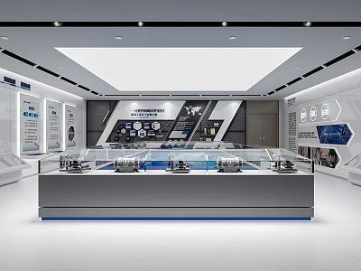 Modern Exhibition Hall Interior Design With Glass Display Cases Digital Wall Panels And Spotlights 3d model