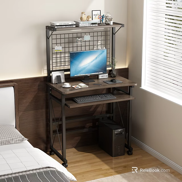 Practical Office Desk With Computer Monitor Keyboard Mouse Potted Plant File Rack And Window Blinds 3d model 
