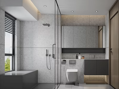 Modern Bathroom Interior With Glass Shower Gray Walls Large Mirror And Wall Mounted Toilet 3d model