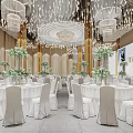 Elegant Banquet Hall Interior Design With Crystal Chandeliers White Tables And Chairs