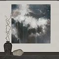 Minimalist Interior With Dark Abstract Painting Ceramic Vase And Decorative Twigs