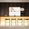 Modern Restaurant Kitchen With Dark Cabinets Orange Island Counter Pendant Lights And Black Bar Stools