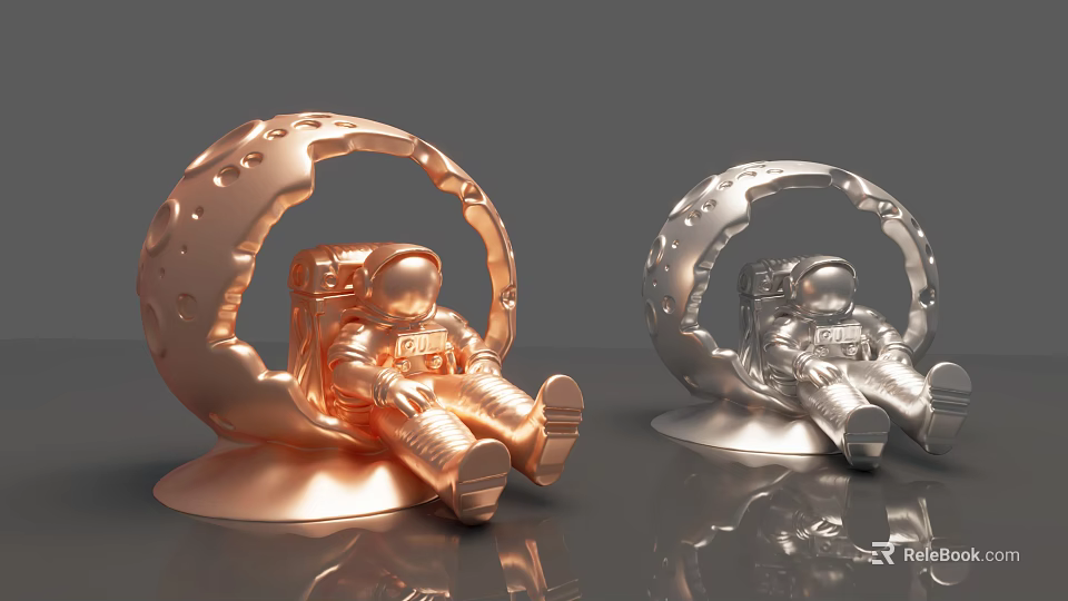 Art Installation With Sitting Astronaut In Moon Shaped Copper And Silver Sculptures 3d model 