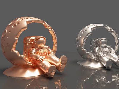 Art Installation With Sitting Astronaut In Moon Shaped Copper And Silver Sculptures 3d model