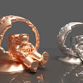 Art Installation With Sitting Astronaut In Moon Shaped Copper And Silver Sculptures
