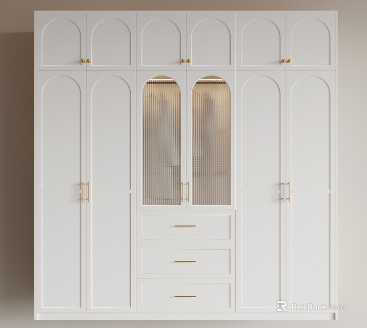 Elegant White Wardrobe With Gold Handles Glass Panel Doors And Drawer Storage 3d model 