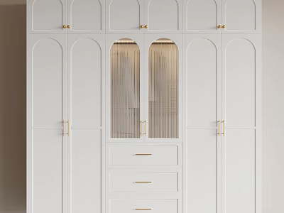 Elegant White Wardrobe With Gold Handles Glass Panel Doors And Drawer Storage 3d model