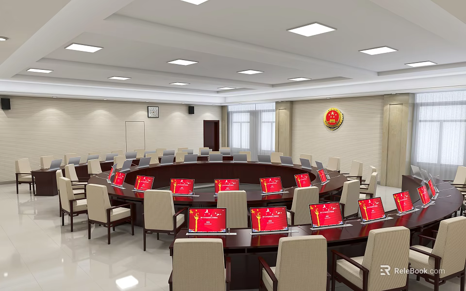 Modern Conference Room With Circular Table Red Signs Beige Chairs Ceiling Lights And Wall Emblem 3d model 