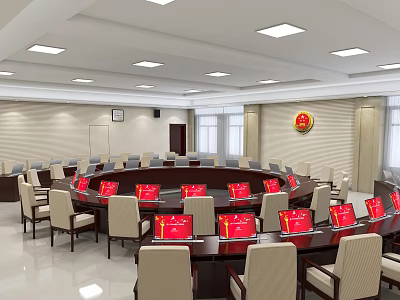Modern Conference Room With Circular Table Red Signs Beige Chairs Ceiling Lights And Wall Emblem 3d model