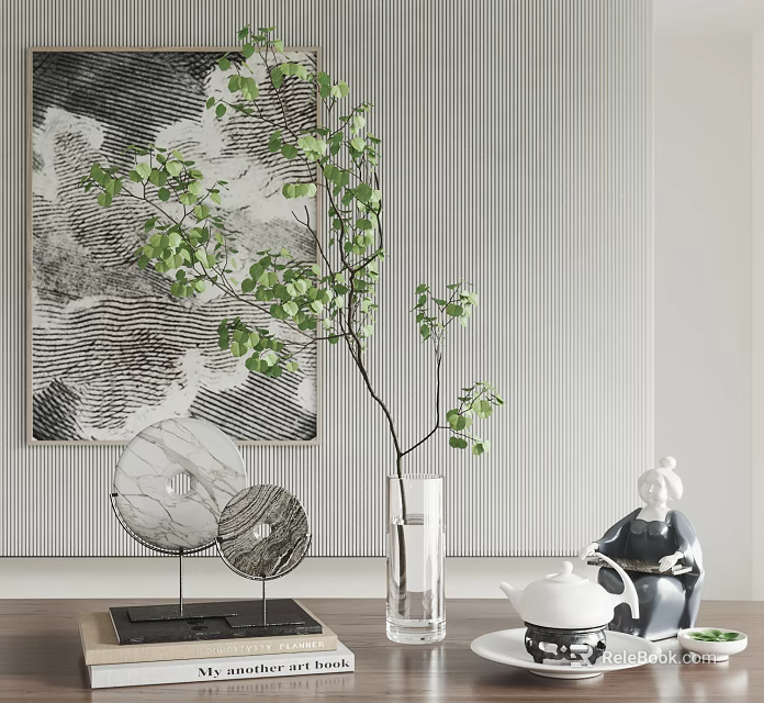 Elegant Decorative Ornament Set With Green Plant Branch Clear Glass Vase And Ceramic Figurine 3d model 