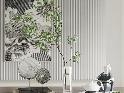 Elegant Decorative Ornament Set With Green Plant Branch Clear Glass Vase And Ceramic Figurine 3d model