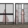 Black Frame Glass Doors Grid Design And Woman In Pink Dress Behind Open Door