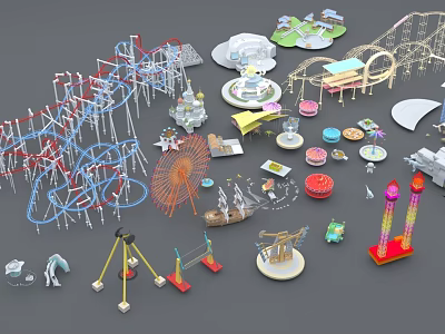 Assorted Amusement Equipment Including Roller Coasters Ferris Wheels Carousels Swings And Slides 3d model