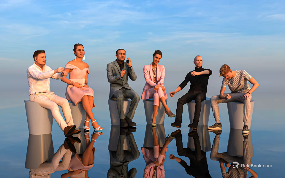 Group of People Sitting on White Cylindrical Seats Against Blue Sky with Reflective Surface 3d model 