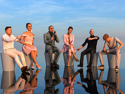 Group of People Sitting on White Cylindrical Seats Against Blue Sky with Reflective Surface 3d model
