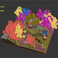 3D Model of Natural Outdoor Scene With Red Trees and Small Houses