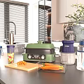 Modern Kitchen Countertop With Green Grill Chopped Carrots And Colorful Tumblers
