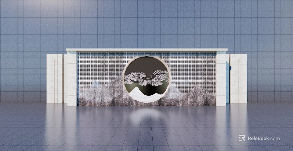 Modern Feature Wall With Circular Mountain Cloud Design And Stone Finish 3d model