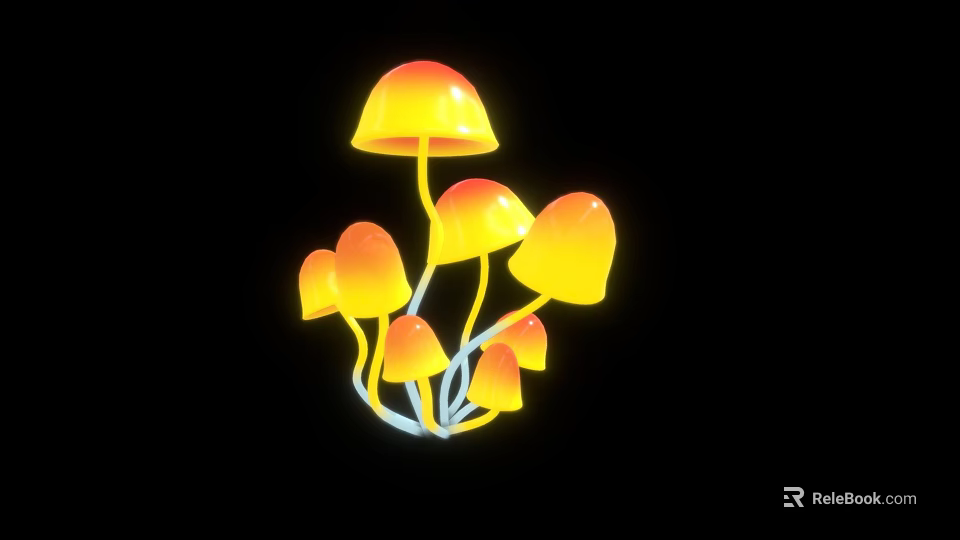 Mushroom Shaped Yellow Orange Decorative Lights With Multiple Mushrooms Against Black Background 3d model 