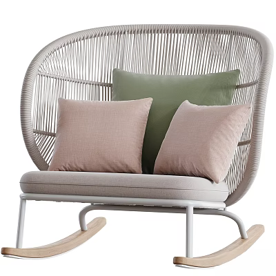 Woven Rattan Leisure Rocking Chair With Green And Beige Pillows And White Frame 3d model