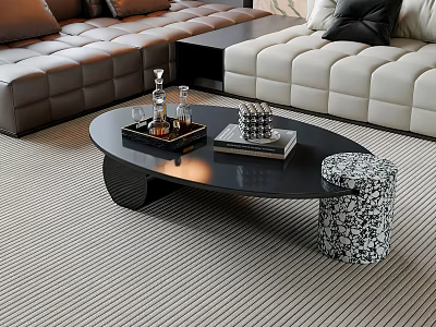 Black Oval Coffee Table With Tray Wine Glasses Books And Decorative Items Near Patterned Stool 3d model