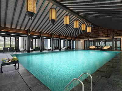 Indoor Swimming Pool with Clear Blue Water Wooden Ceiling Hanging Lanterns Windows and Poolside Handrails 3d model