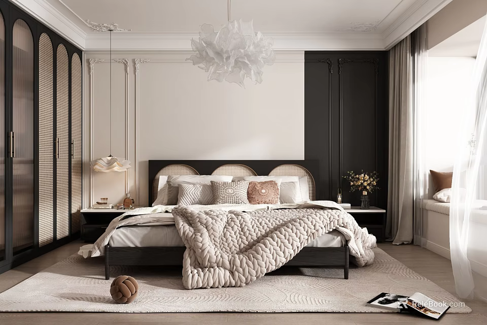 Elegant Modern Bedroom Interior With Black White Color Scheme Chandelier Large Bed Rug And Pillows 3d model 