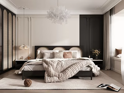 Elegant Modern Bedroom Interior With Black White Color Scheme Chandelier Large Bed Rug And Pillows 3d model