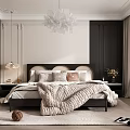 Elegant Modern Bedroom Interior With Black White Color Scheme Chandelier Large Bed Rug And Pillows