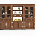 Brown Carved Bookcase With Glass Doors Drawers Plates Vases Green Plants And Books
