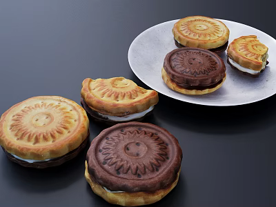 Cream Filled Waffle Sandwiches With Patterned Brown Light Brown Surfaces On Plate And Black Background 3d model