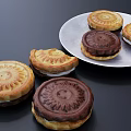 Cream Filled Waffle Sandwiches With Patterned Brown Light Brown Surfaces On Plate And Black Background
