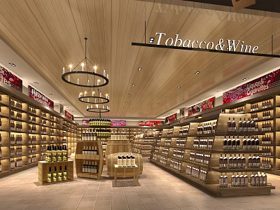 Supermarket Tobacco Wine Section Interior With Shelves Full Of Products Wooden Ceiling And Chandeliers 3d model