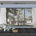 Modern Home Balcony With Large Glass Windows Wooden Flooring Kids Table And Chairs Green Plants