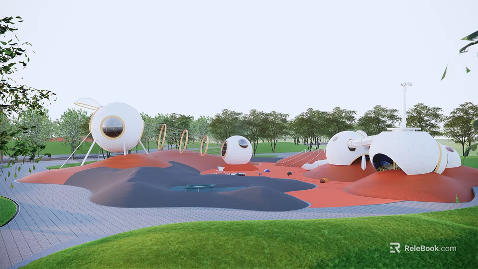 Fun Children's Play Area With White Spherical Play Structures Circular Swing Hoops And Colorful Ground 3d model 