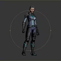 Futuristic Female Game Character In Blue And Black Armor Standing Pose