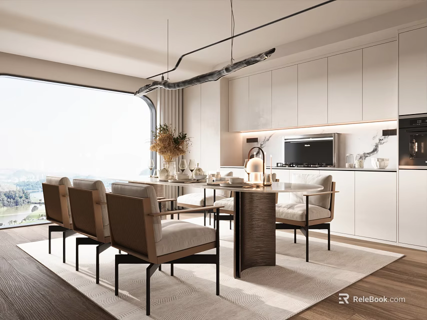 Elegant Modern Restaurant Interior With Open Design Large Windows Dining Table And White Cabinets 3d model