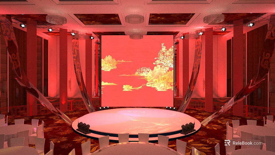 Elegant Banquet Hall With Round Stage Red Backdrop Golden Patterns And Warm Lighting 3d model 