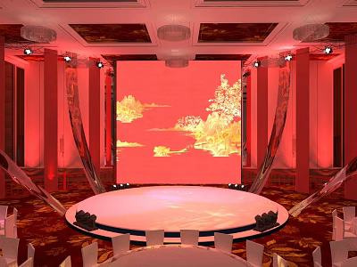 Elegant Banquet Hall With Round Stage Red Backdrop Golden Patterns And Warm Lighting 3d model