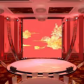 Elegant Banquet Hall With Round Stage Red Backdrop Golden Patterns And Warm Lighting