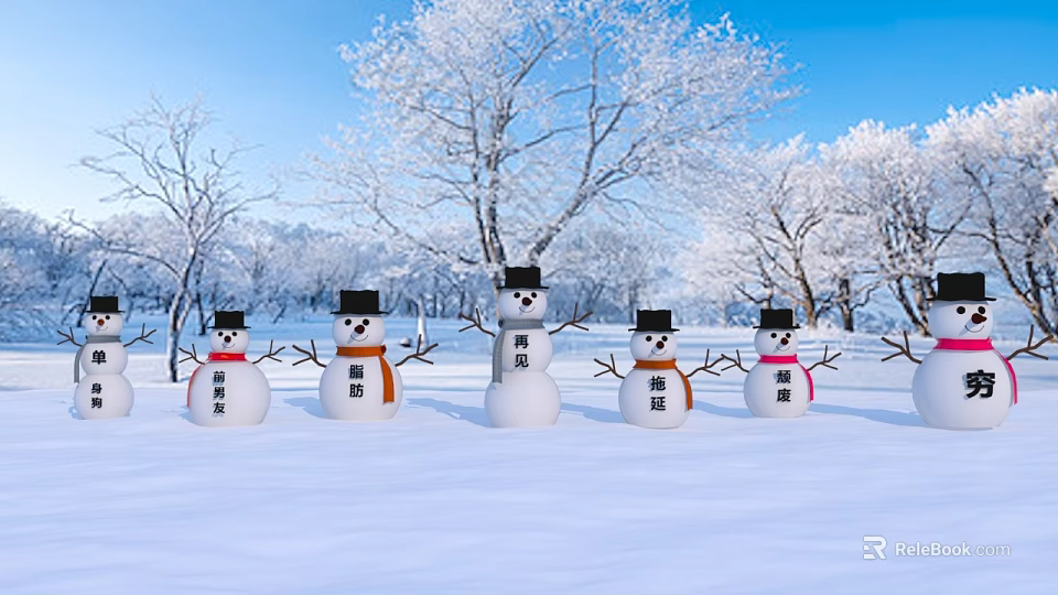 Snowmen With Black Hats Colorful Scarves In Snowy Field With Trees And Blue Sky 3d model 