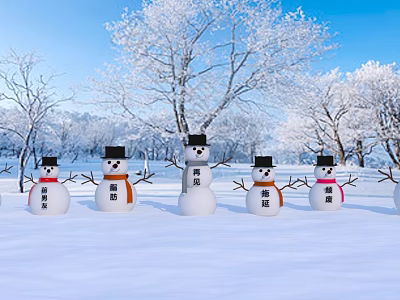 Snowmen With Black Hats Colorful Scarves In Snowy Field With Trees And Blue Sky 3d model