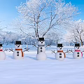 Snowmen With Black Hats Colorful Scarves In Snowy Field With Trees And Blue Sky