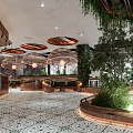 Modern Café Interior Design With Hanging Lights Green Plants And Seating Area