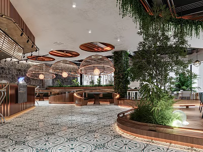 Modern Café Interior Design With Hanging Lights Green Plants And Seating Area 3d model