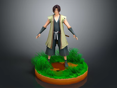 3D Fantasy Character In Traditional Outfit Standing On Green Grass With Orange Base 3d model
