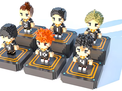 Pixel Style Decorative Figurine Set Featuring Character Figurines on Black Base Stands with Orange Lines 3d model