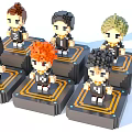 Pixel Style Decorative Figurine Set Featuring Character Figurines on Black Base Stands with Orange Lines