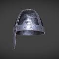 Medieval Dark Colored Metal Helmet Featuring Detailed Rivets and Back Flap Vintage Design