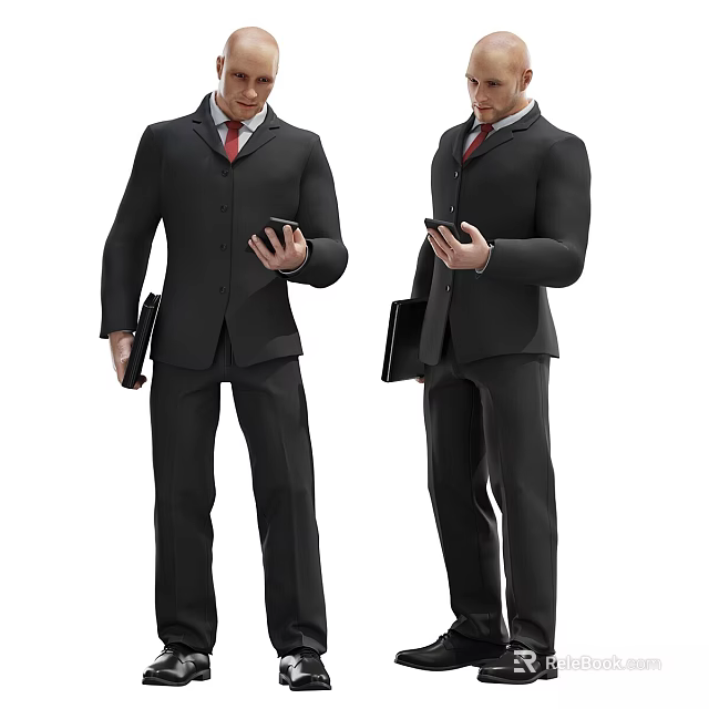 Two Men in Black Suits with Red Ties Checking Smartphones and Holding Black Folders 3d model 